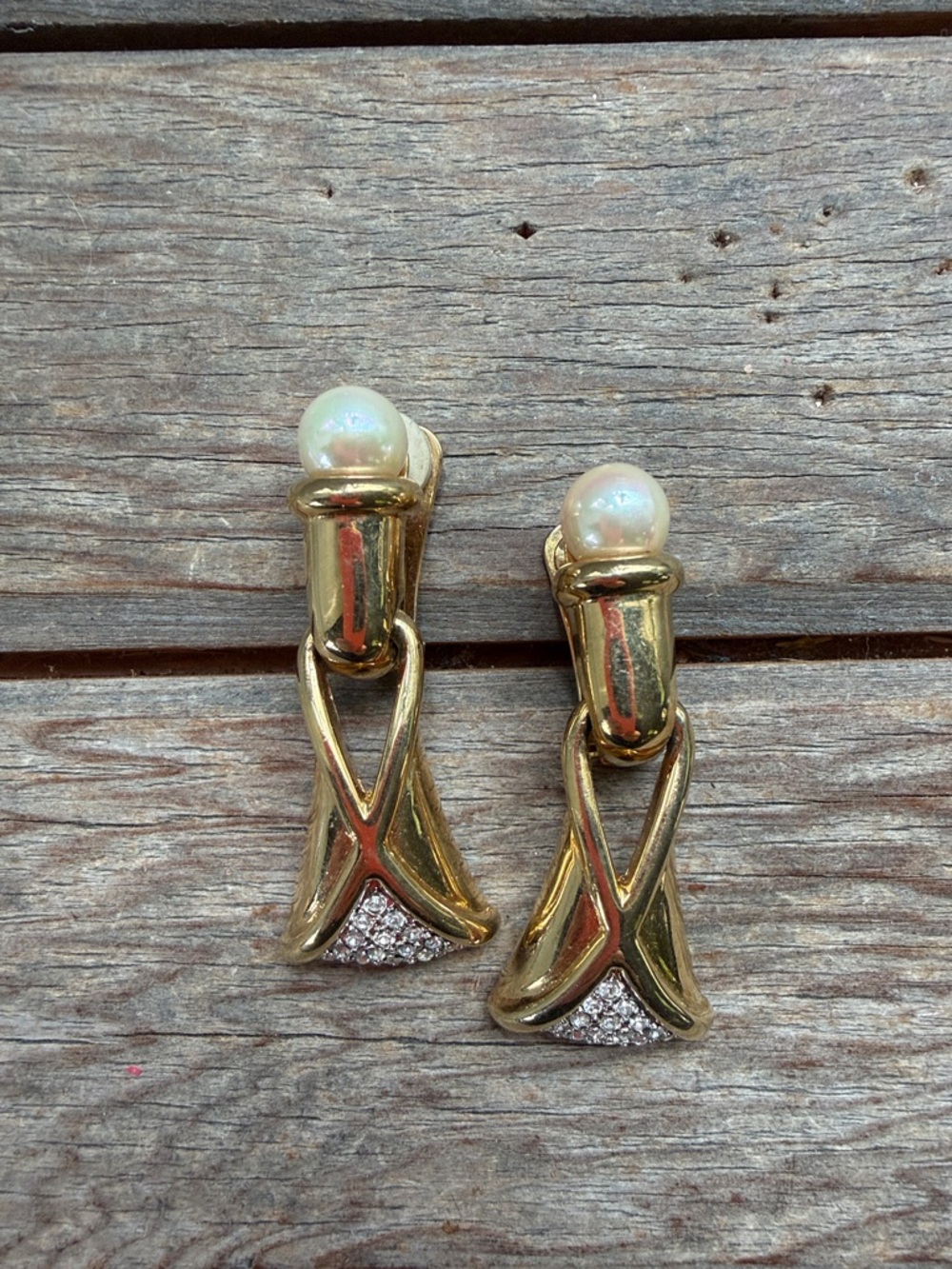Vintage Gold Pearl Drop Earrings with Crystal Accents